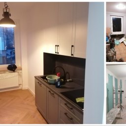 ROBMAR - Kolaż: kuchnia po remoncie z szarą zabudową i drewnianą podłogą w jodełkę; pokój w trakcie remontu z odsłoniętą cegłą; pokój ze ścianami z płyt karton-gips.