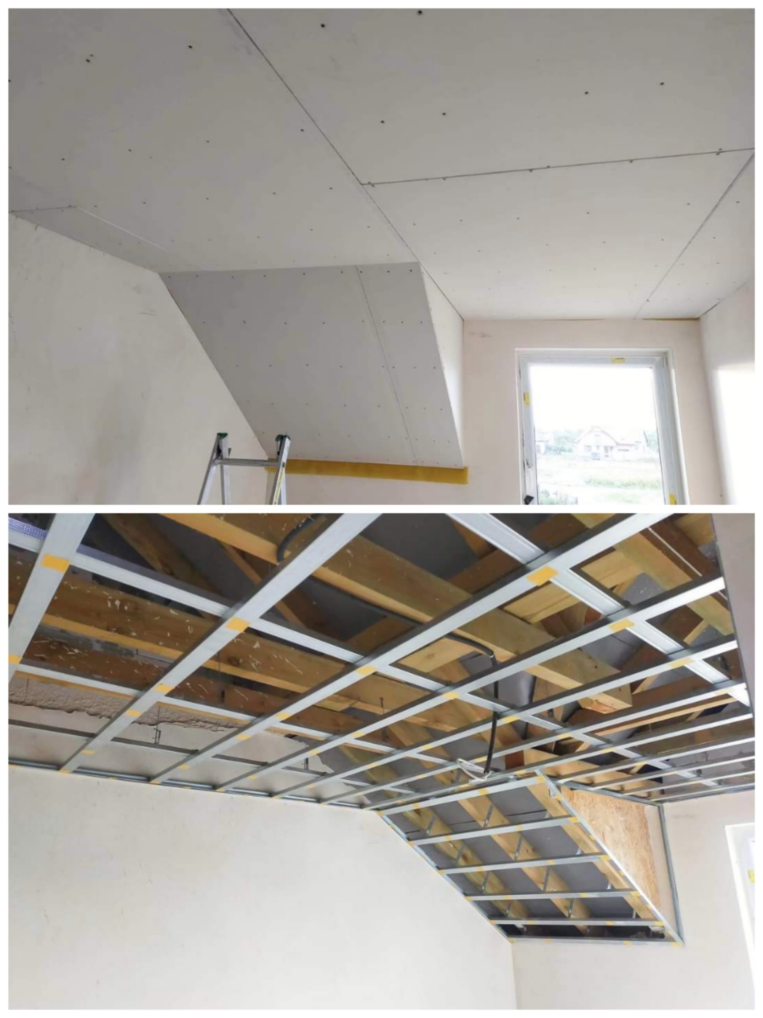 Dwa ujęcia tego samego pomieszczenia: sufit z płyt gipsowych w trakcie montażu (góra) i widok na metalową konstrukcję sufitu podwieszanego (dół).