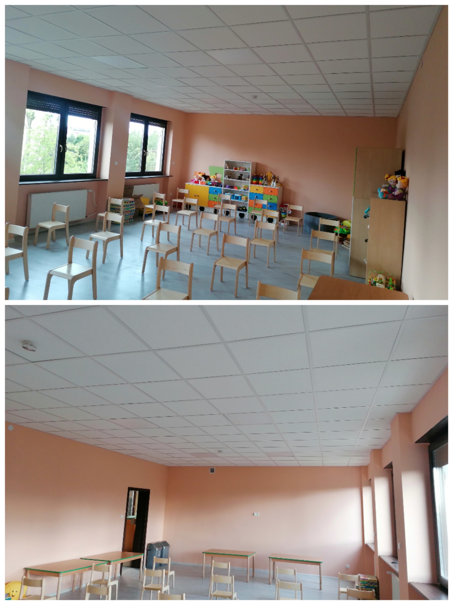 Dwa ujęcia wnętrza: widok na sufit kasetonowy z detektorem dymu i ściany w odcieniach brzoskwini, oraz widok na salę z krzesłami i oknami.