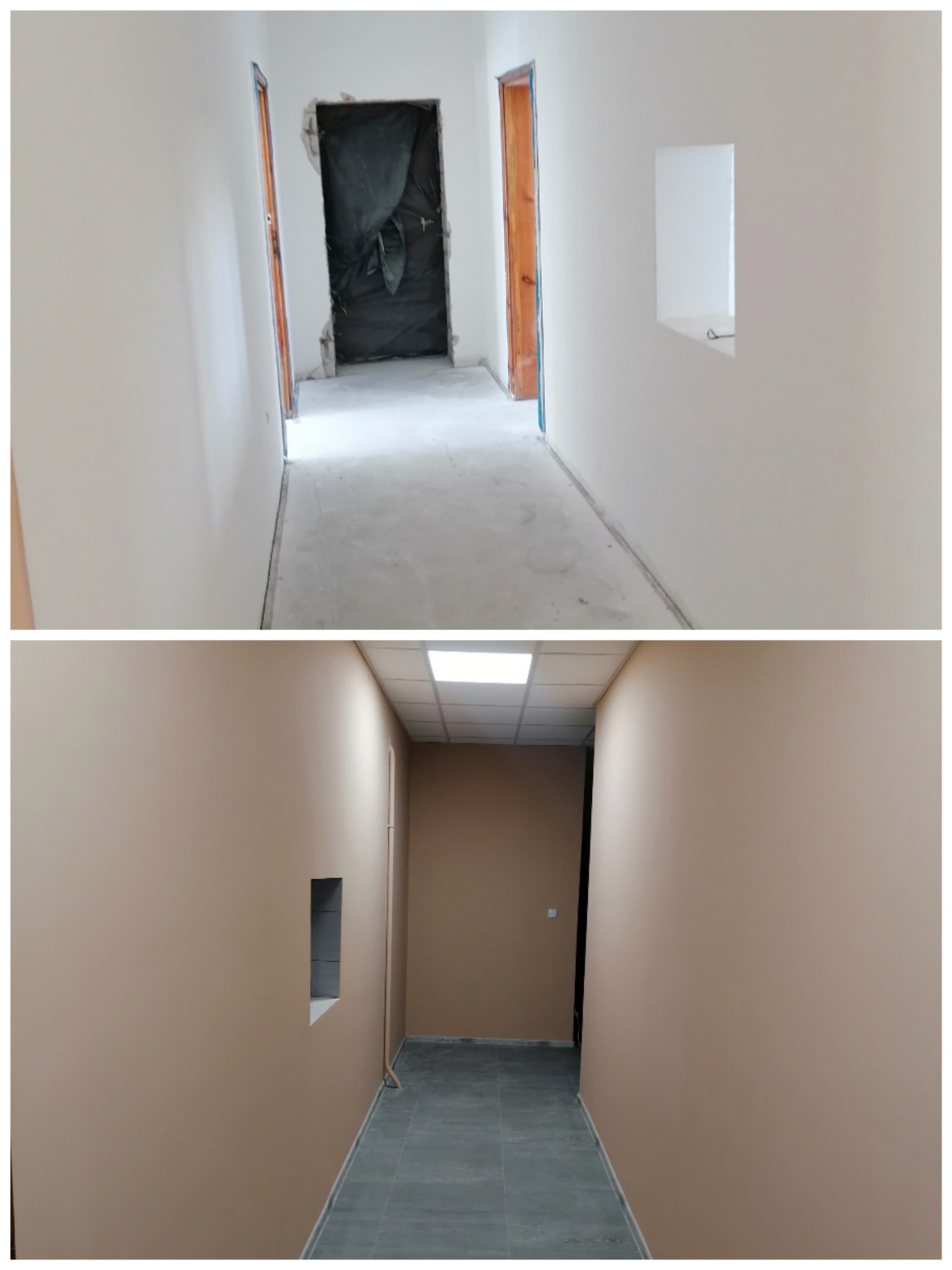 Korytarz po remoncie: górne zdjęcie - stan surowy, białe ściany, dolne - pomalowane ściany na beżowo, ułożone płytki podłogowe. Widoczne otwory okienne.