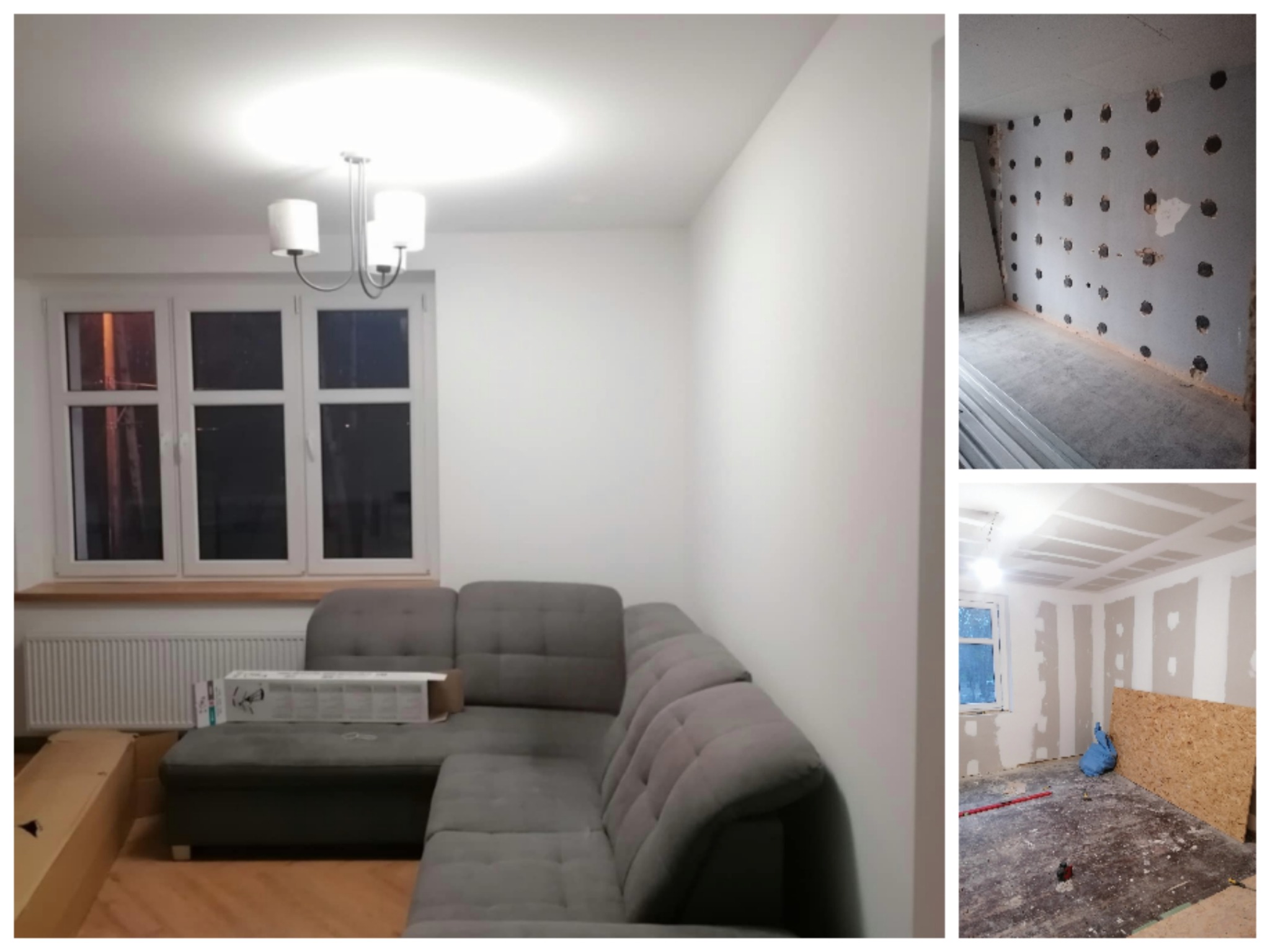 Salon w trakcie remontu: ściany przygotowane do szpachlowania, sufit z płyt karton-gips, szary narożnik. Widoczne etapy prac wykończeniowych.