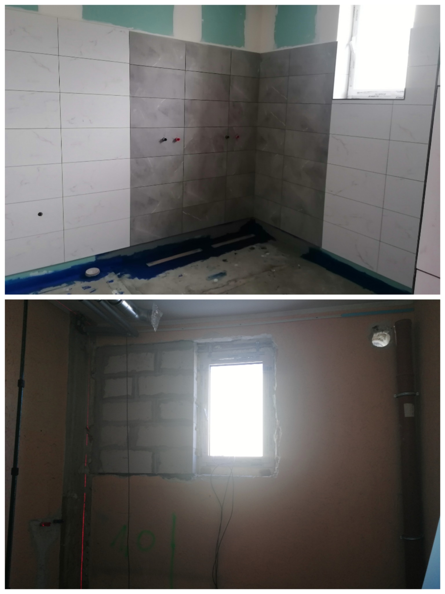 Dwie fazy remontu łazienki: ułożone płytki w odcieniach szarości i bieli na górze, surowa ściana z oknem na dole. Widoczne instalacje i laserowy poziom.