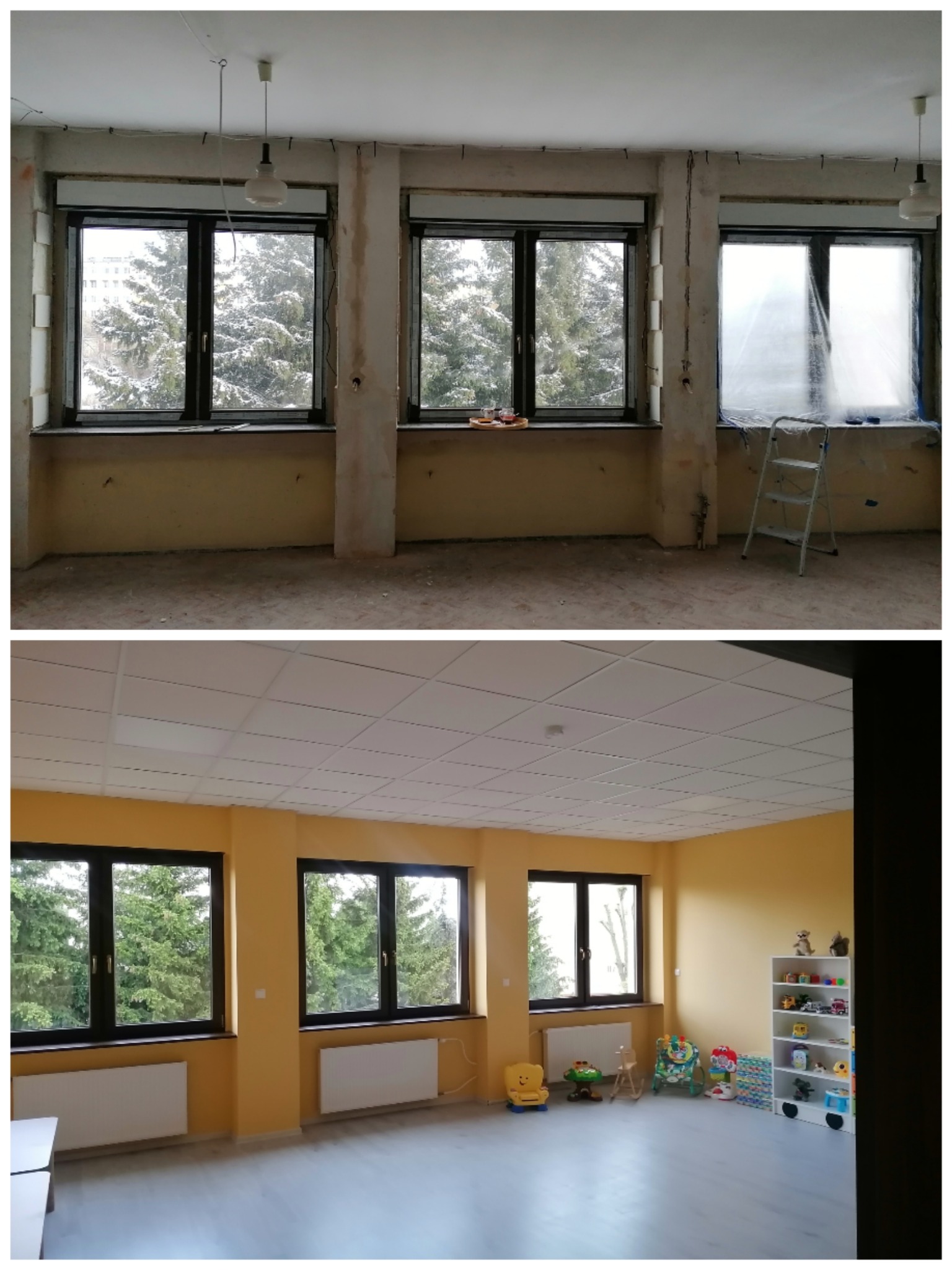 Zdjęcie 'przed i po' remontu pokoju: surowe ściany i okna vs. pomalowane ściany, nowy sufit i podłoga, grzejniki oraz wyposażenie pokoju dziecięcego.