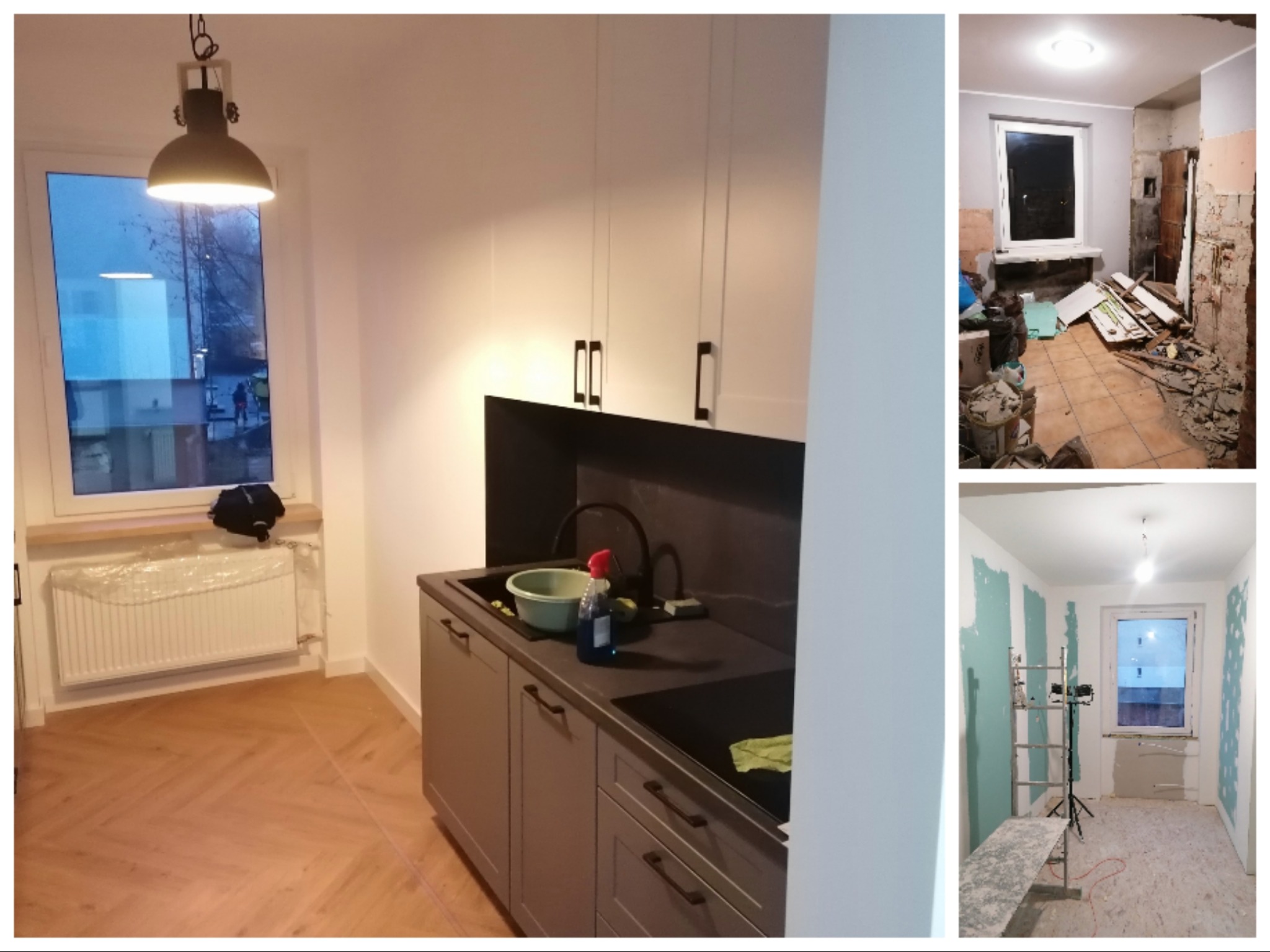 Kolaż: kuchnia po remoncie z szarą zabudową i drewnianą podłogą w jodełkę; pokój w trakcie remontu z odsłoniętą cegłą; pokój ze ścianami z płyt karton-gips.