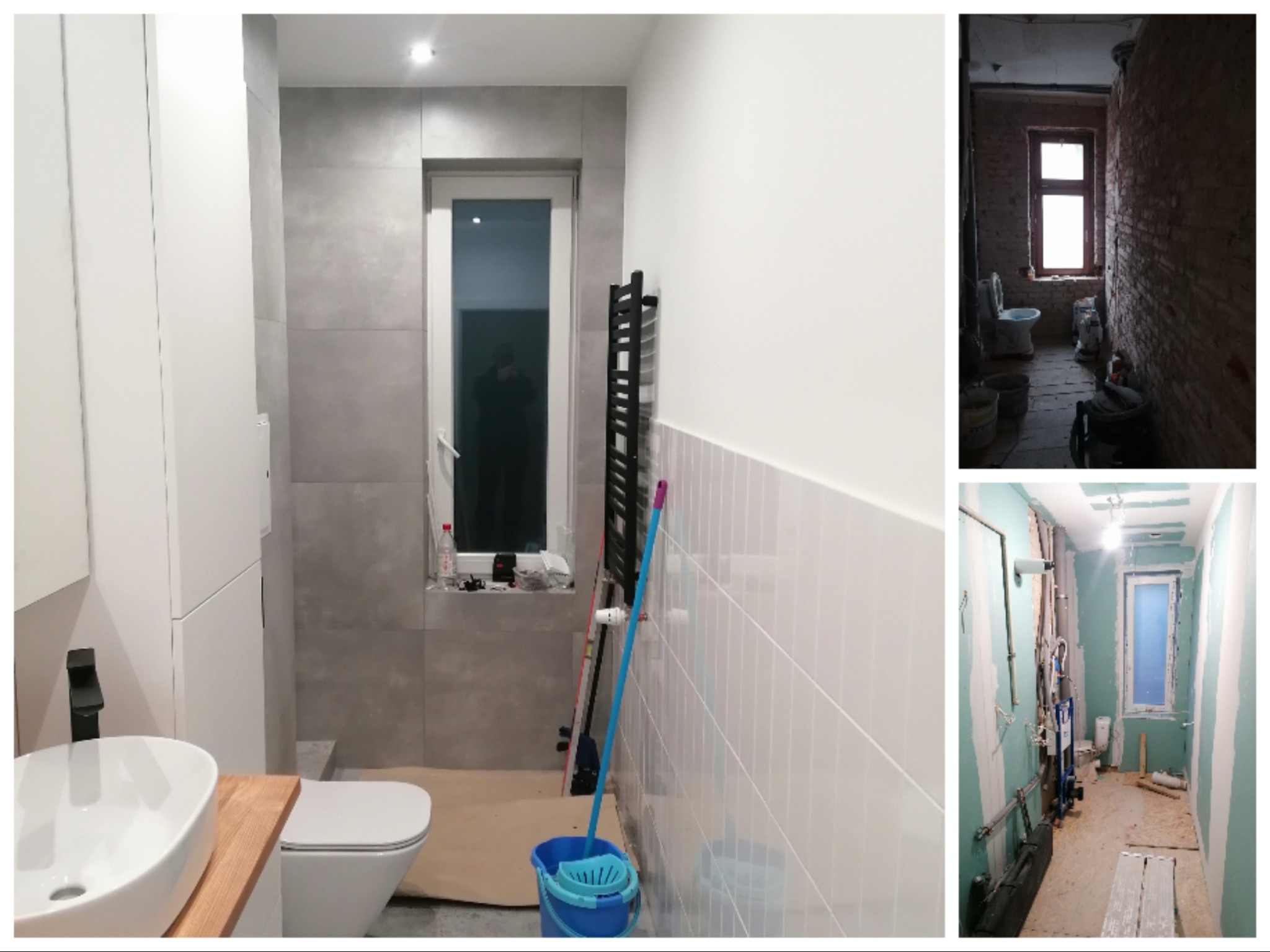 Kolaż: wykończona łazienka z umywalką na drewnianym blacie i toaletą, obok łazienka przed remontem z odsłoniętą cegłą i łazienka w trakcie prac z widoczną instalacją.