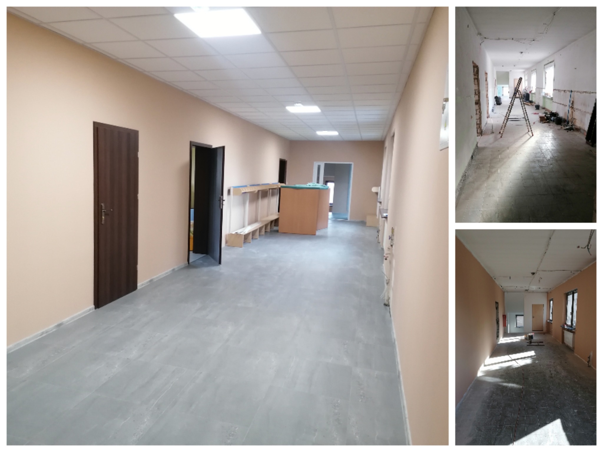 Jasny korytarz po remoncie z szarymi płytkami podłogowymi, beżowymi ścianami i ciemnymi drzwiami. Widoczne detale wykończenia i fragmenty stanu przed remontem.