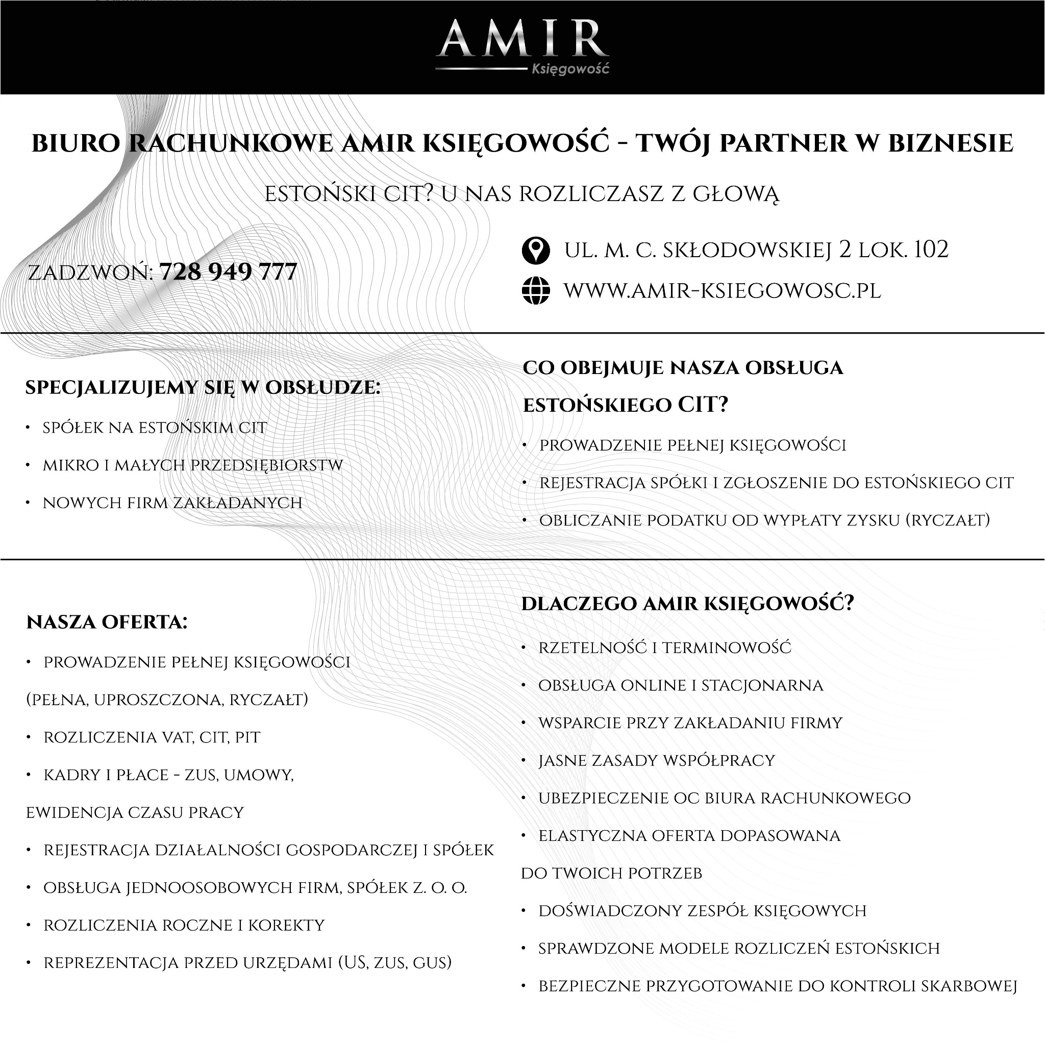 Baner biura rachunkowego Amir Księgowość. Oferta obejmuje pełną księgowość, rejestrację spółek, obsługę kadrową i reprezentację przed urzędami. Kontakt i adres.