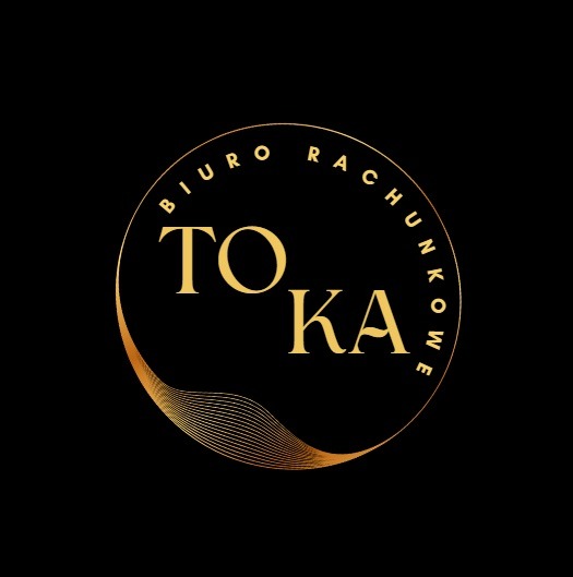 Eleganckie logo 'TOKA Biuro Rachunkowe' w złotym okręgu na czarnym tle, z subtelną, falistą linią podkreślającą nazwę. Minimalizm i profesjonalizm.