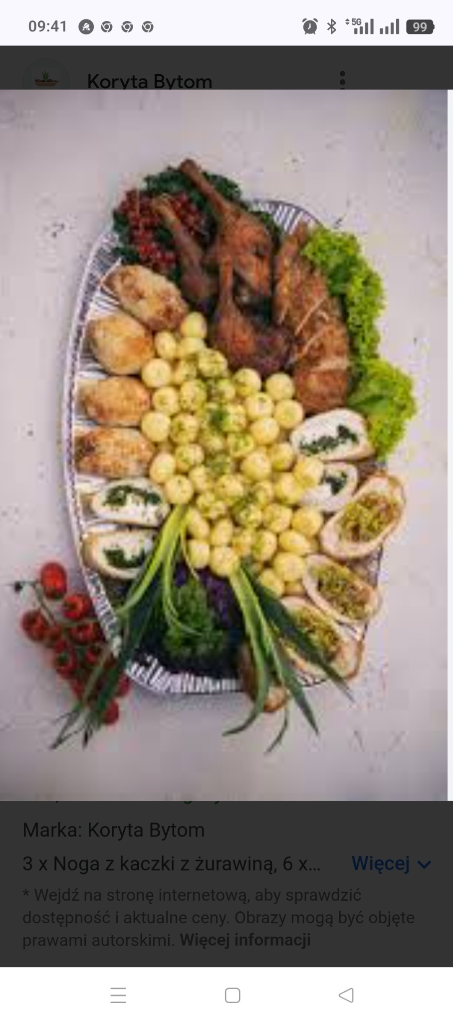 Elegancki półmisek z kaczką, roladkami, ziemniakami i zielonymi dekoracjami. Bogata kompozycja kulinarna, idealna na świąteczny stół lub firmowe przyjęcie.