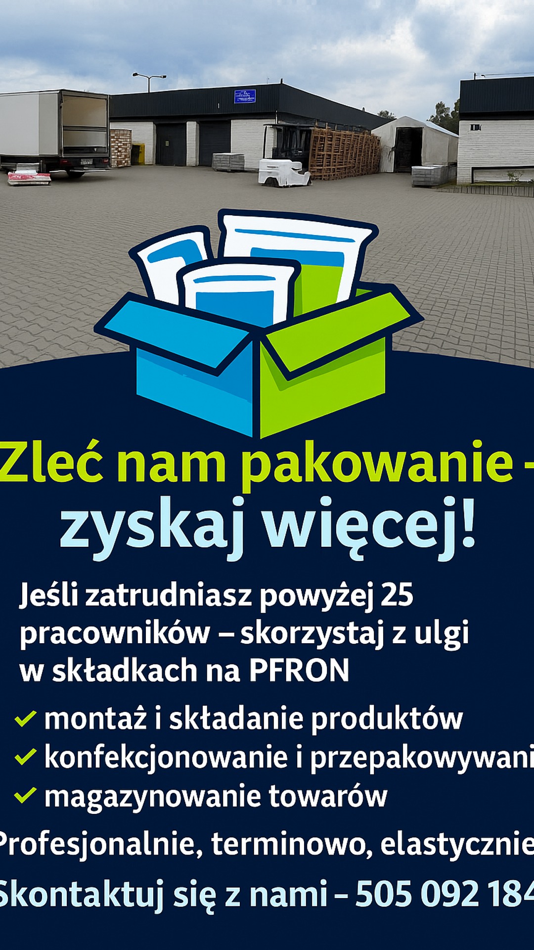Grafika reklamowa usług pakowania i konfekcjonowania z magazynem w tle. Oferta skierowana do firm zatrudniających powyżej 25 pracowników.