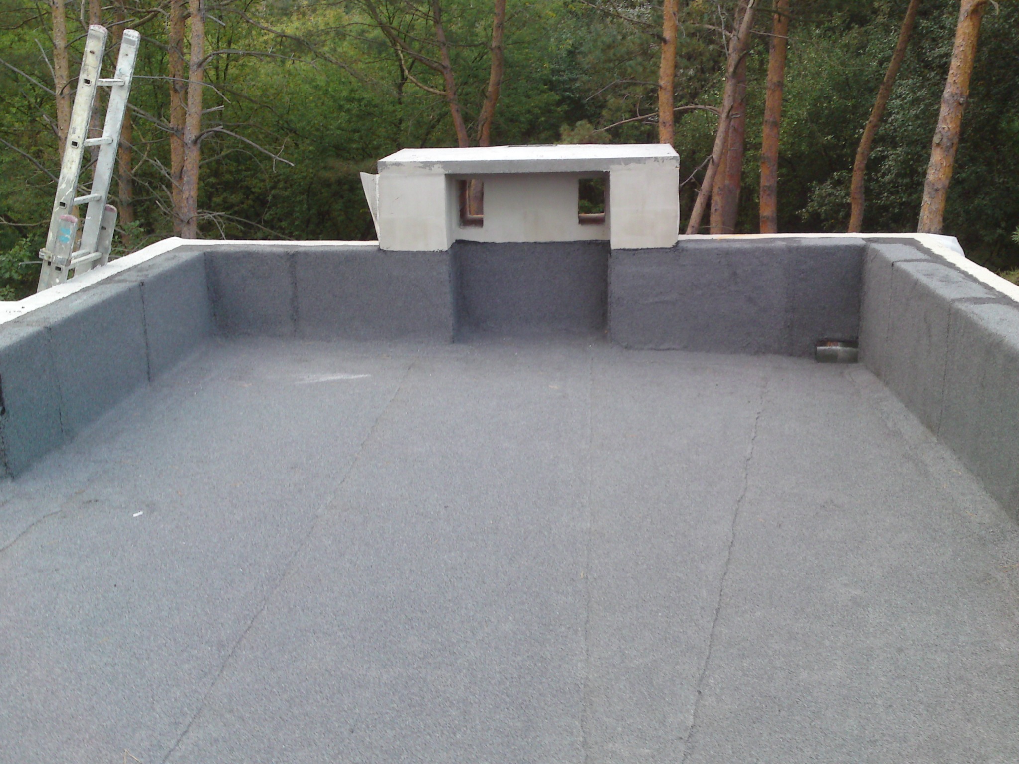 Szary, płaski dach pokryty papą termozgrzewalną z kominem wentylacyjnym i drabiną opartą o krawędź dachu na tle zieleni.