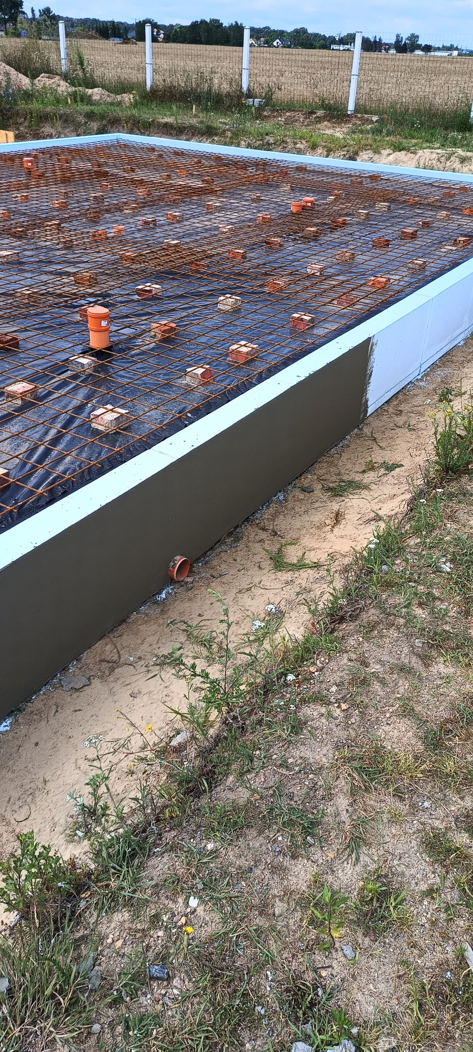 Zbrojenie fundamentów z izolacją pionową, przygotowane do wylania betonu. Widoczne cegły dystansowe i rury kanalizacyjne w szalunku.