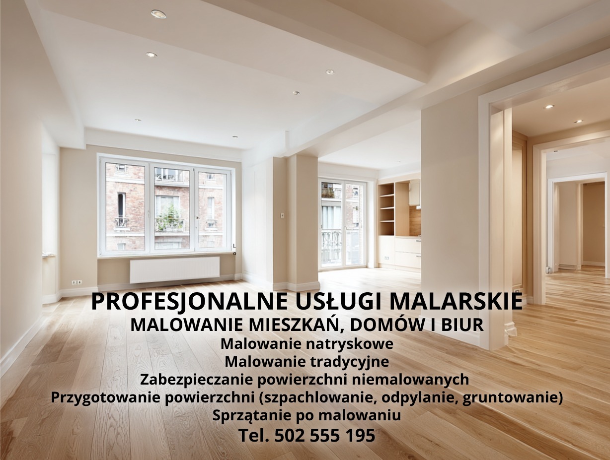 Jasne, przestronne wnętrze po malowaniu. Drewniana podłoga, duże okna z widokiem na miasto, minimalistyczne meble w tle. Świeżo odmalowane ściany w odcieniach beżu.