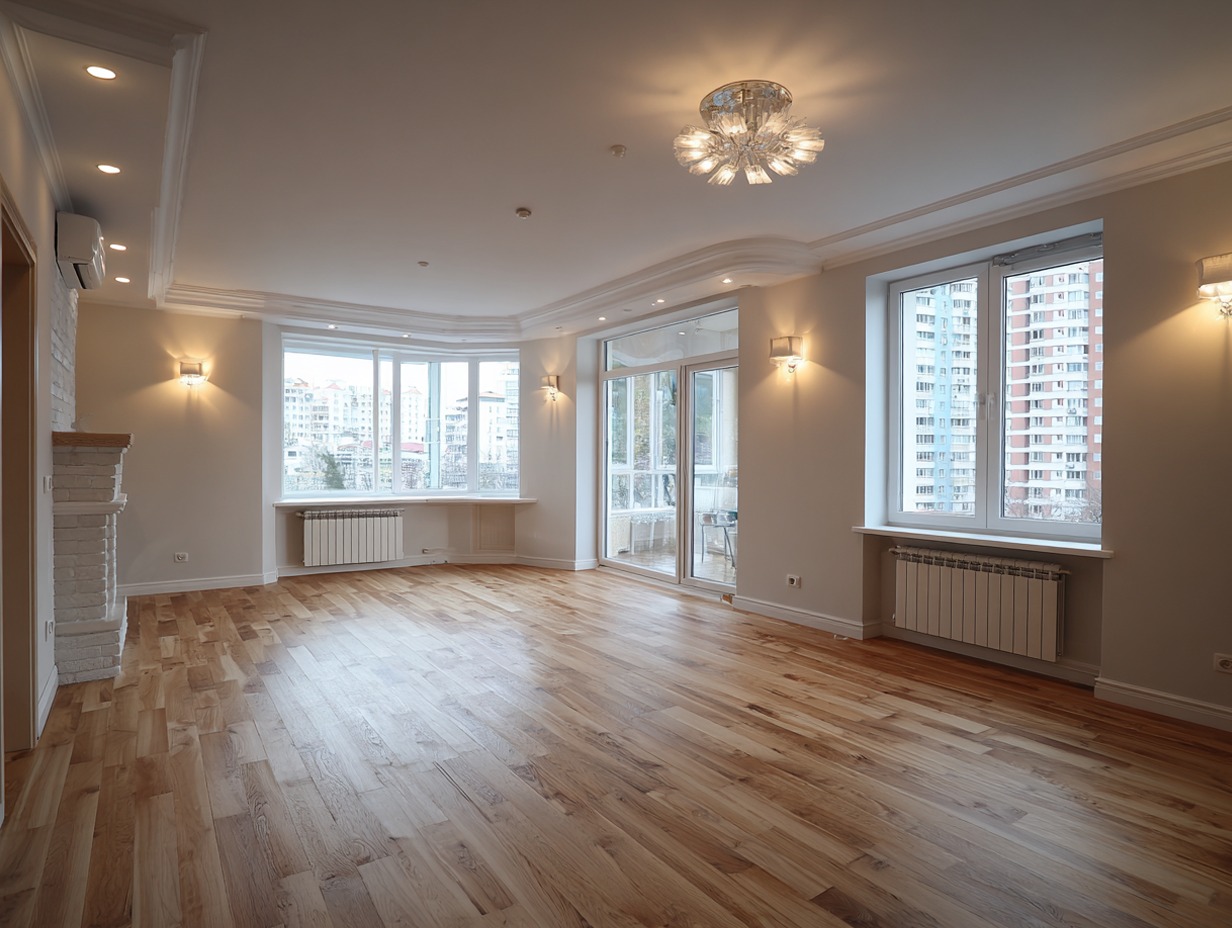 Jasne, przestronne wnętrze po malowaniu, z parkietem i dekoracyjnym oświetleniem. Widok na miasto przez okna.