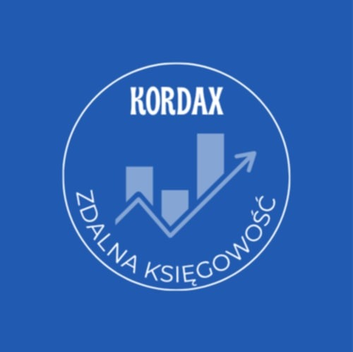 Logo firmy Kordax: zdalna księgowość. Na niebieskim tle białe obramowanie koła z nazwą i grafiką słupkową z rosnącą strzałką.