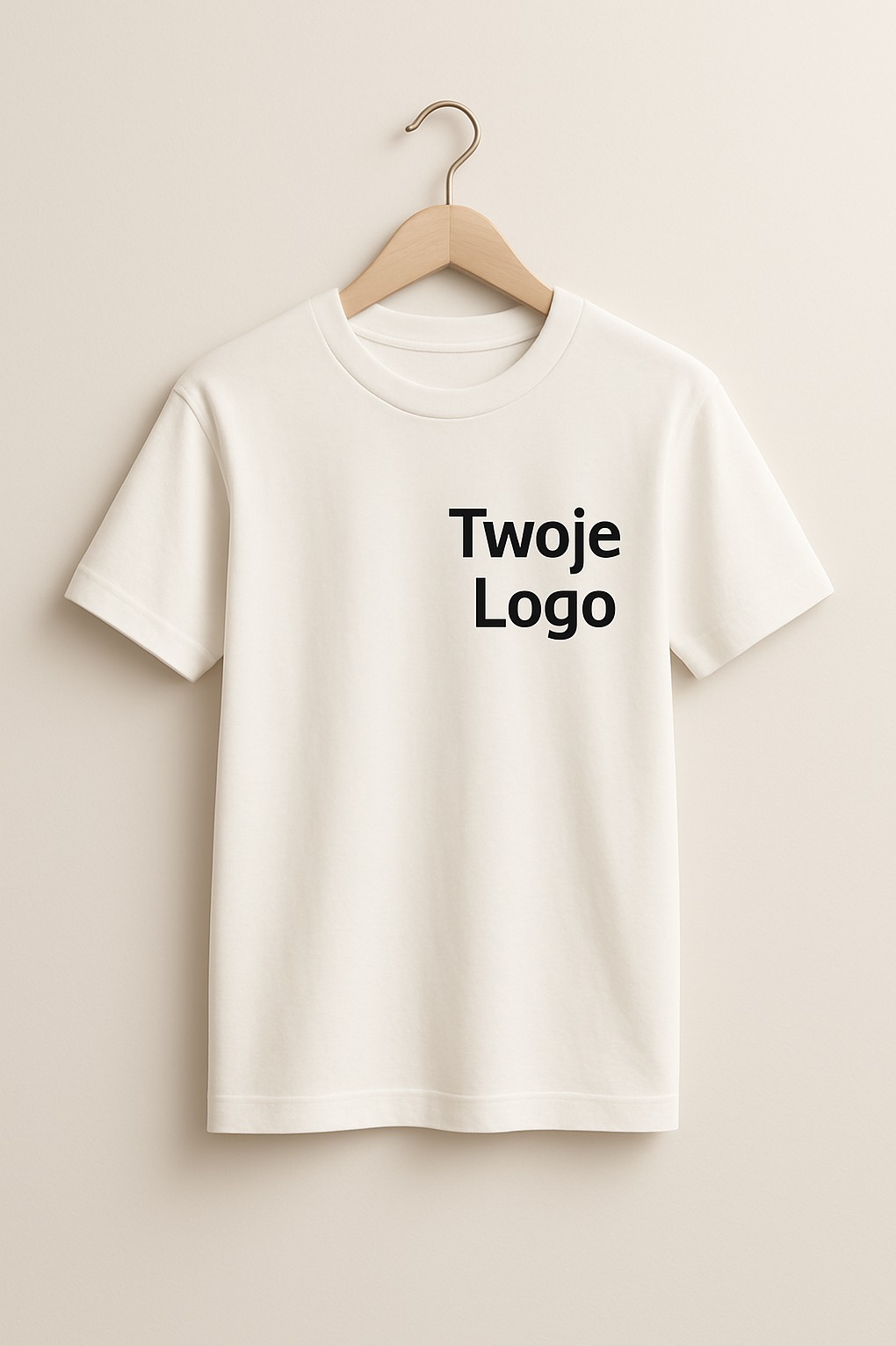 Kremowa koszulka z krótkim rękawem, wisząca na drewnianym wieszaku. Na koszulce czarny napis 'Twoje Logo' po lewej stronie. Gładkie tło w odcieniach beżu.