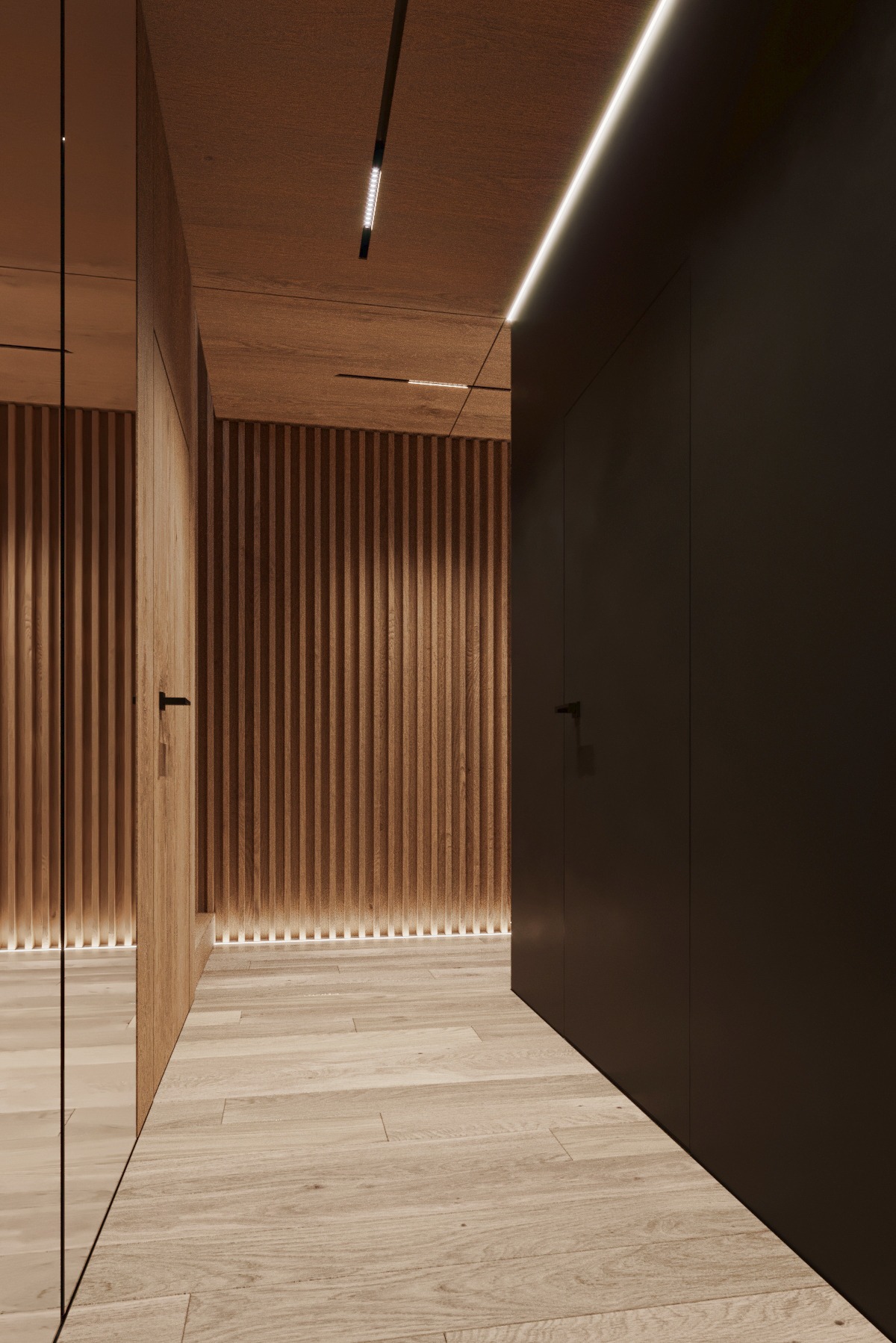 Panele ścienne fornirowane z lamelami dębowymi. Sufit podwieszany wykonany z płyty fornirowanej.