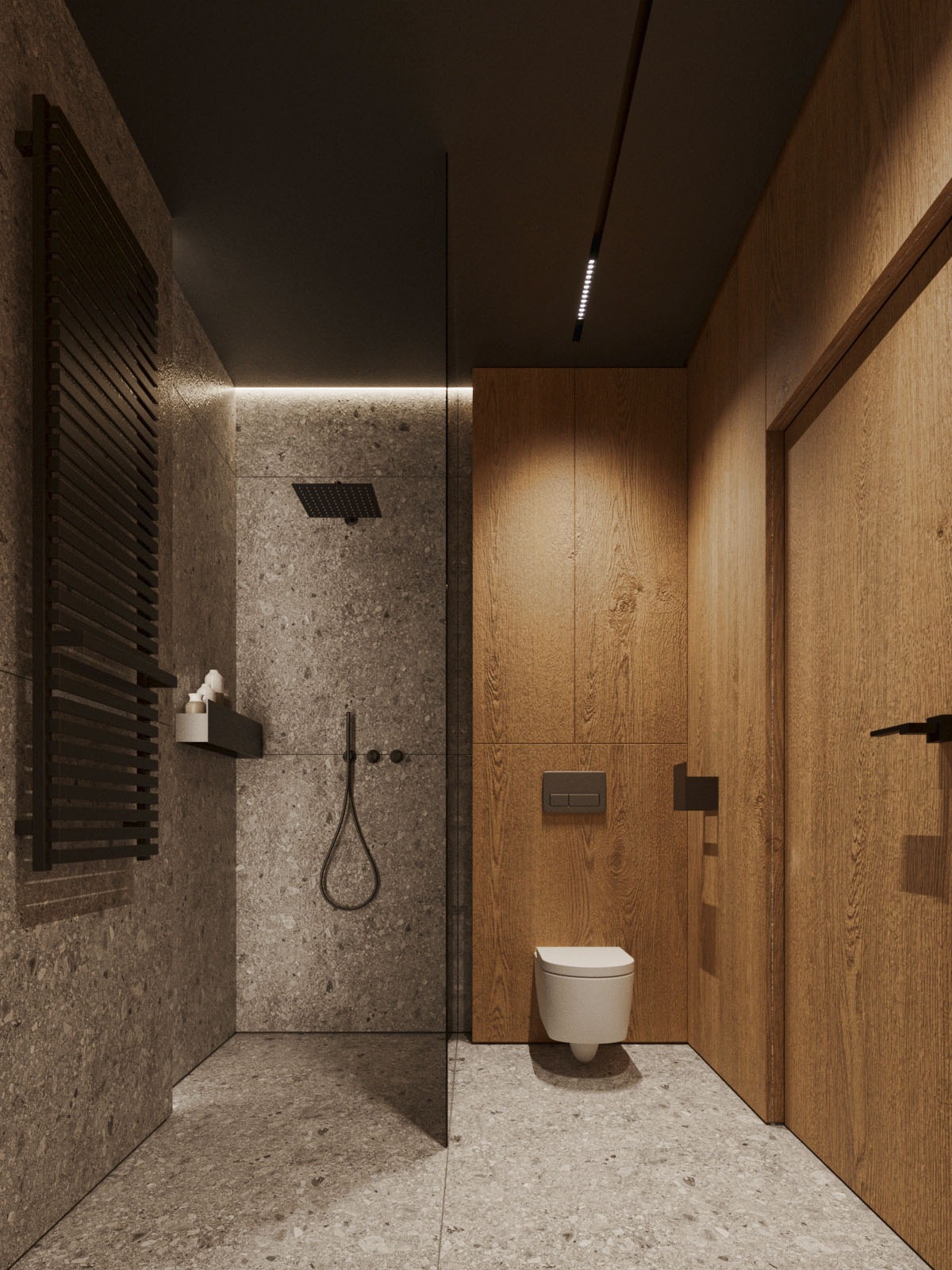 Nowoczesna łazienka z kabiną prysznicową typu walk-in, grzejnikiem drabinkowym i drewnianymi elementami zabudowy. Minimalistyczny design z szarą mozaiką i czarnymi akcentami.