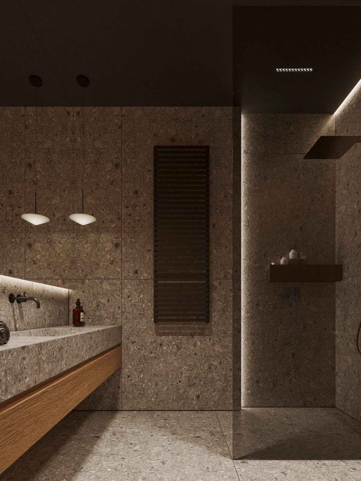 Nowoczesna łazienka z umywalką z kamienia, grzejnikiem drabinkowym i kabiną prysznicową. Minimalistyczne oświetlenie podkreśla fakturę kamienia.