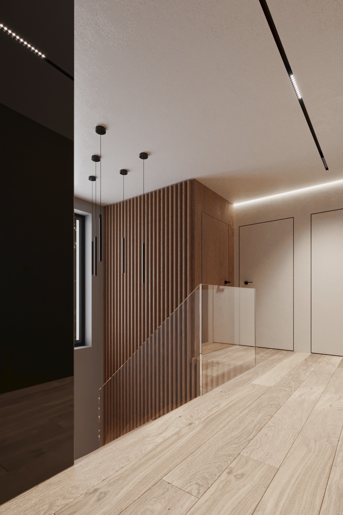 Nowoczesne schody z drewnianą balustradą, szklane panele, minimalistyczne oświetlenie i drewniana podłoga. Eleganckie wykończenie wnętrza.