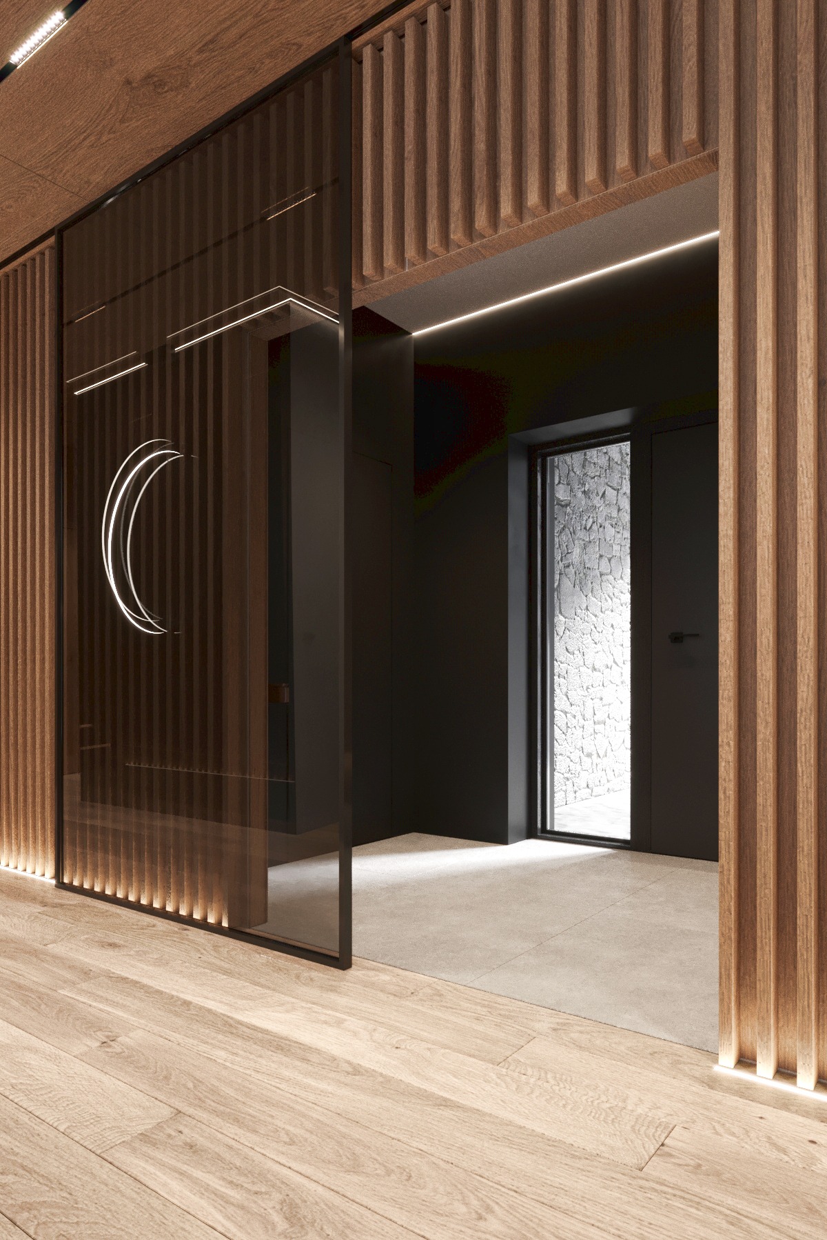 Nowoczesne wnętrze z drewnianą ścianą lamelową i szklanymi drzwiami z podświetlanym logo. Parkiet na podłodze, minimalistyczny design.