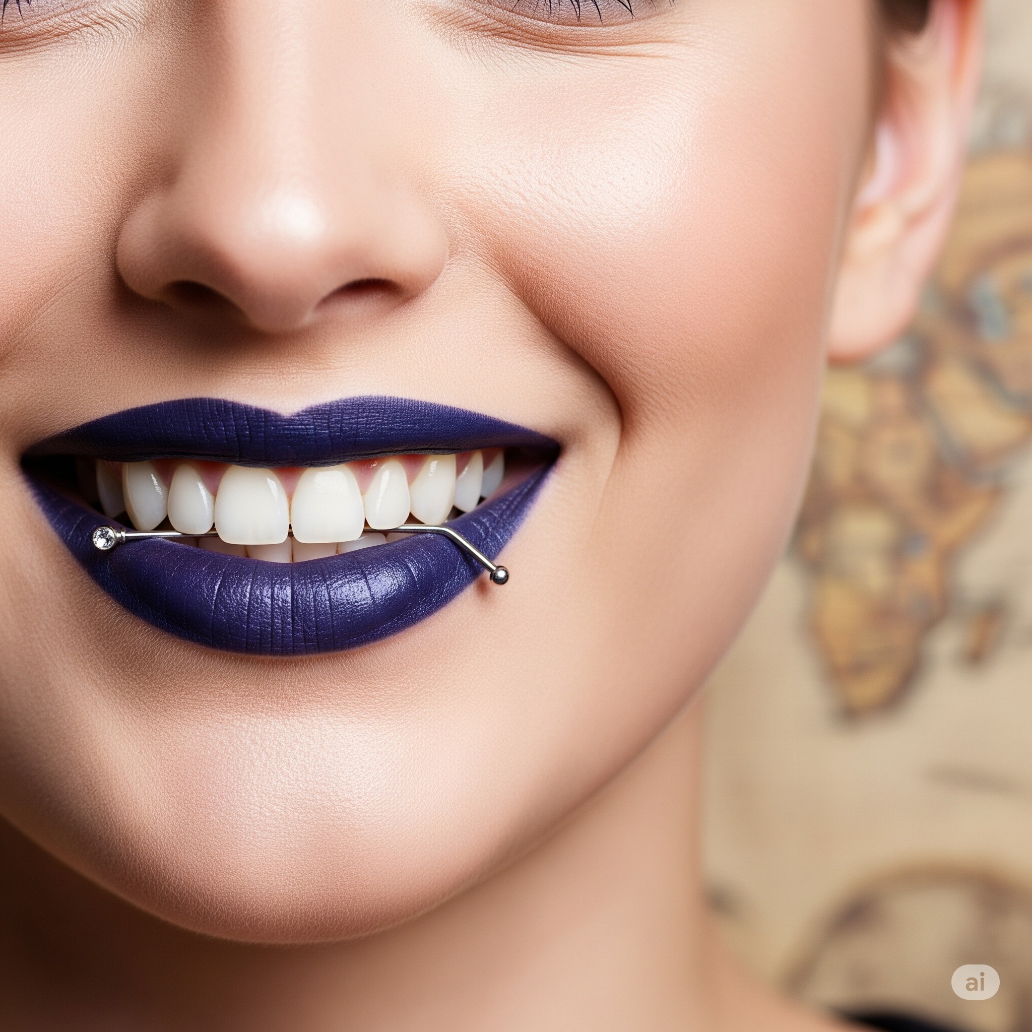 Portret kobiety z ciemną szminką i piercingiem w wardze, na rozmytym tle mapy świata. Makro zbliżenie na uśmiech i detale biżuterii.