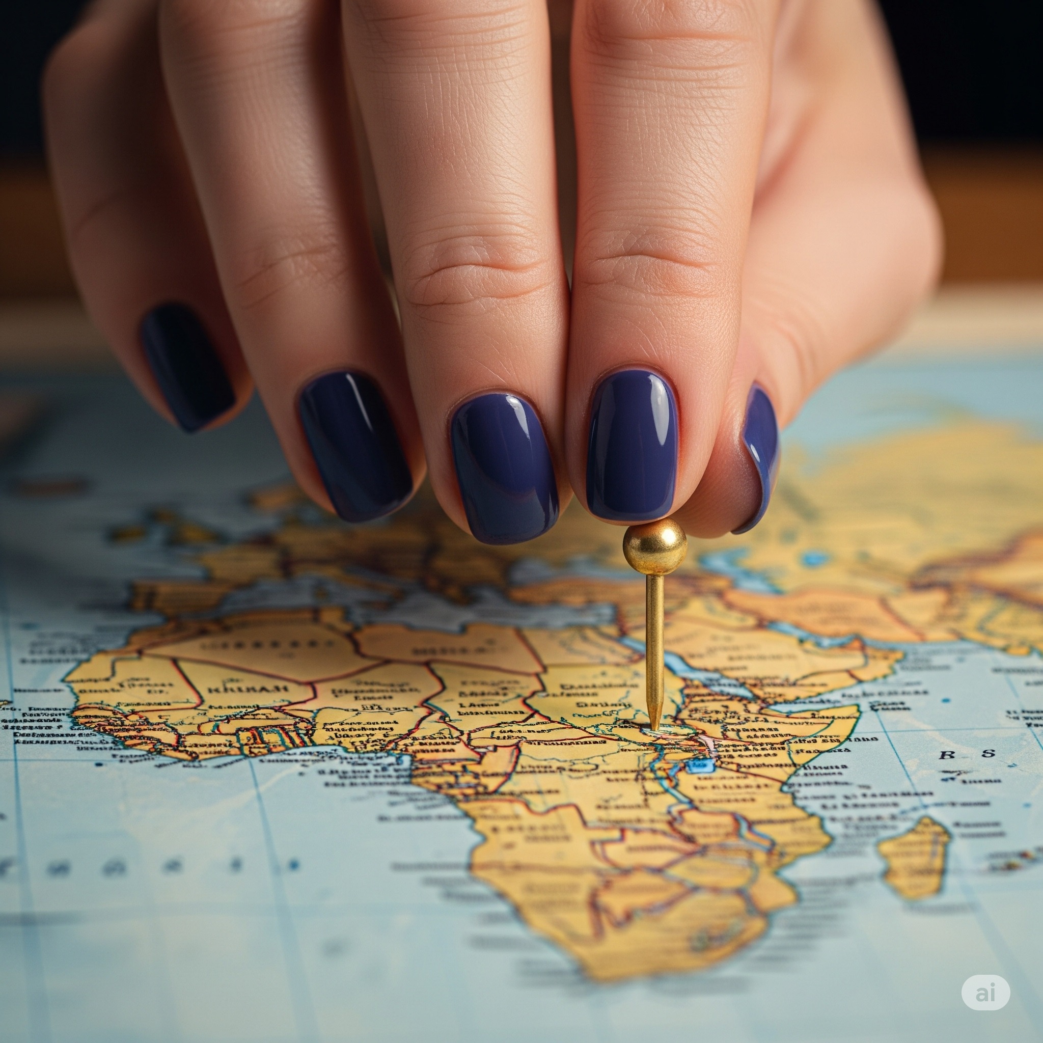 Dłoń z granatowym manicure wbija złotą pinezkę w mapę Afryki, zaznaczając konkretną lokalizację. Planowanie podróży i wyznaczanie celów.