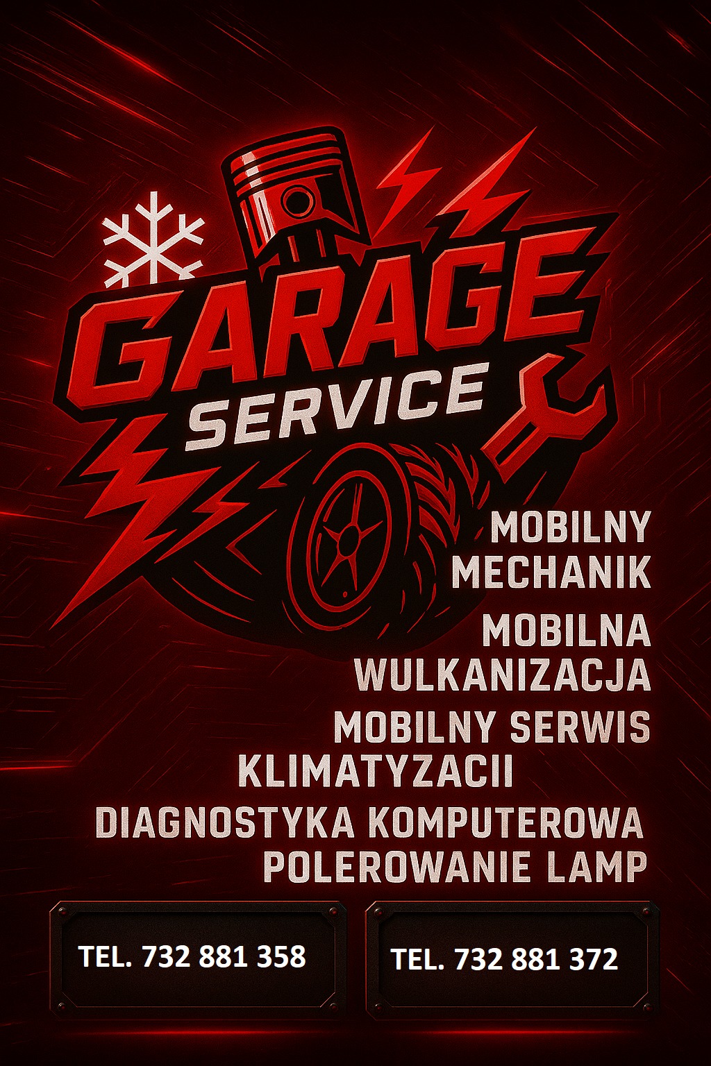 Grafika warsztatu samochodowego z logiem, pistonem, kołem i kluczem, na ciemnoczerwonym tle. Napisy: Mobilny Mechanik, Wulkanizacja, Klimatyzacja, Diagnostyka.