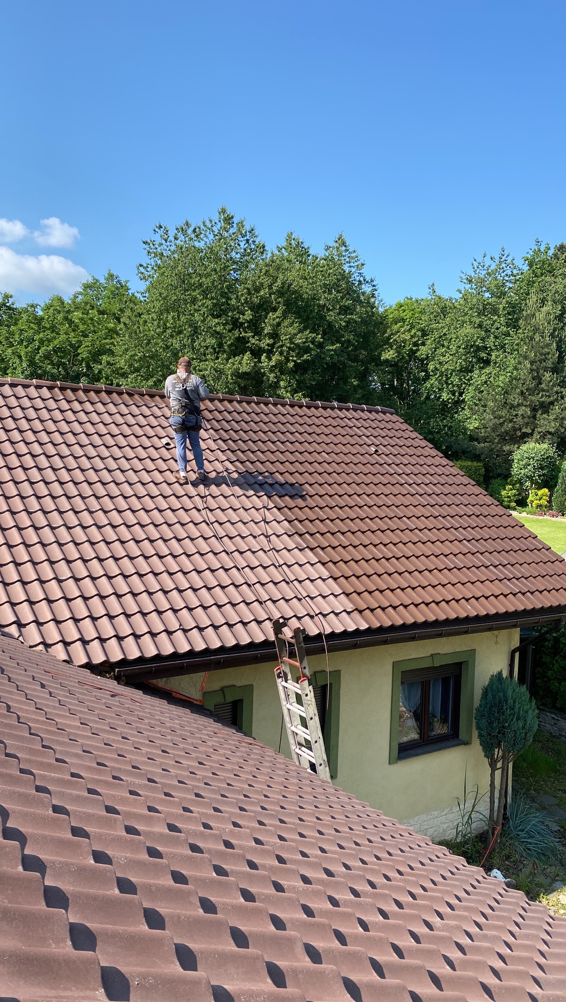 Pracownik z zabezpieczeniami na dachu domu z brązową dachówką, widoczna drabina i częściowo umyty fragment dachu, błękitne niebo. Sezonowe mycie dachu.