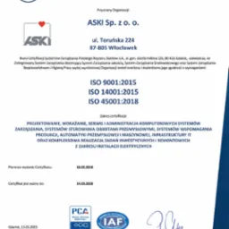 Certyfikat ISO firmy ASKI Sp. z o.o. z Włocławka, potwierdzający zgodność z normami ISO 9001, ISO 14001 i ISO 45001 w zakresie IT, automatyki i instalacji elektrycznych.