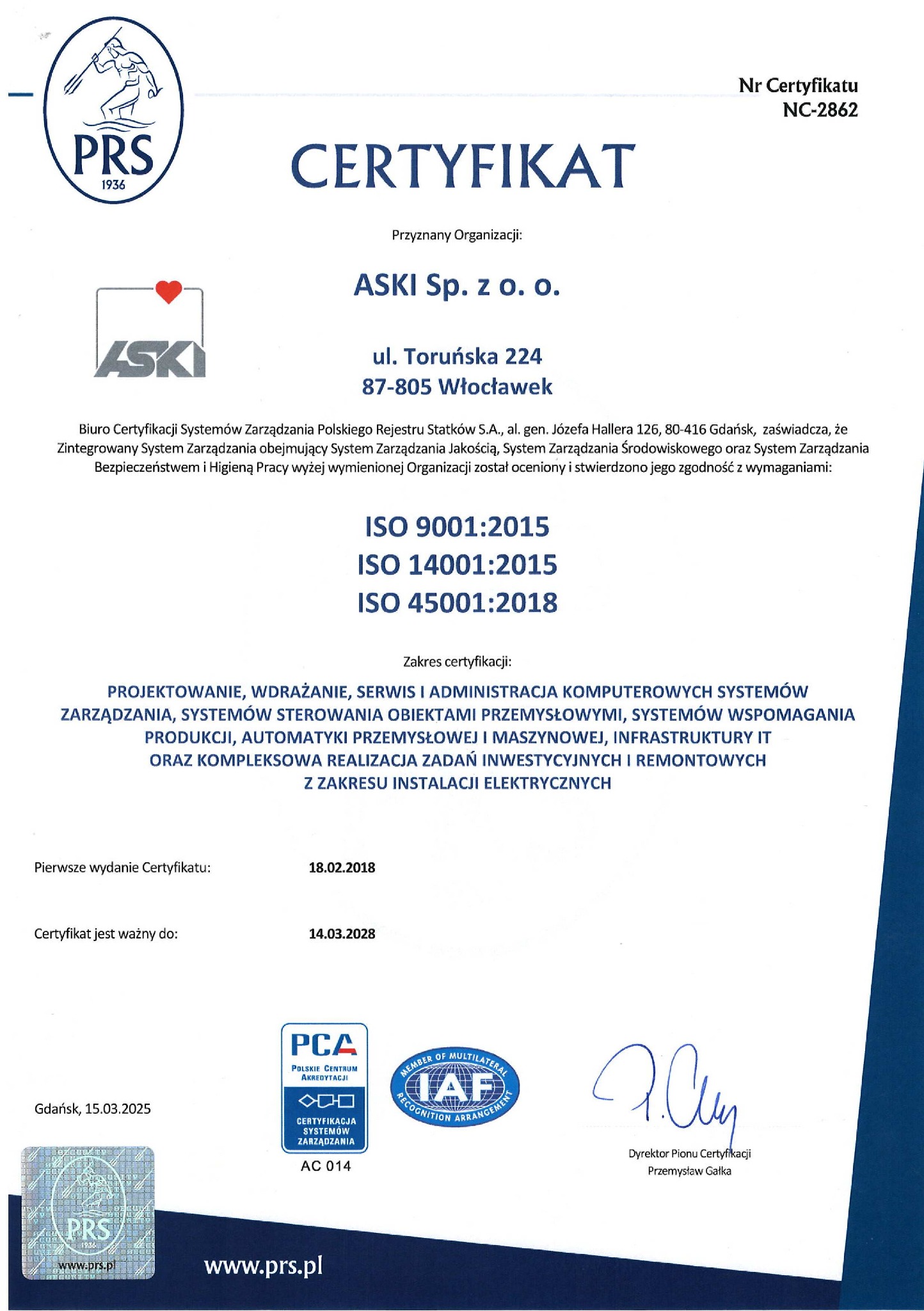 Certyfikat ISO firmy ASKI Sp. z o.o. z Włocławka, potwierdzający zgodność z normami ISO 9001, ISO 14001 i ISO 45001 w zakresie IT, automatyki i instalacji elektrycznych.