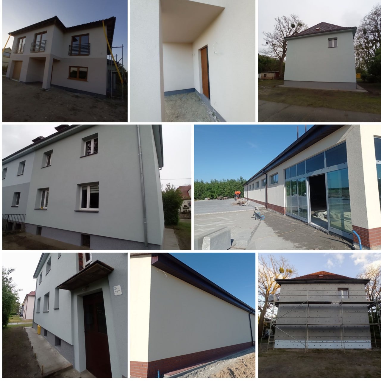 Zestawienie zdjęć budynków po pracach elewacyjnych: ocieplenie, tynkowanie i malowanie. Różne style architektoniczne i wykończenia.