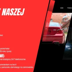 Grafika reklamowa firmy oferującej wynajem aut na wesela, sesje zdjęciowe, teledyski, studniówki i inne okazje. Widoczne dwa samochody: czerwony BMW i czarny, nowoczesny model.