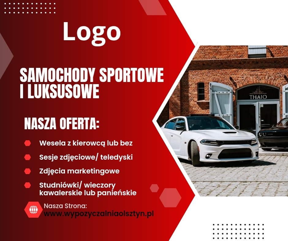 Grafika reklamowa: luksusowe samochody sportowe do wynajęcia na wesela, sesje zdjęciowe i studniówki. Biały Dodge Charger na tle ceglanej ściany.