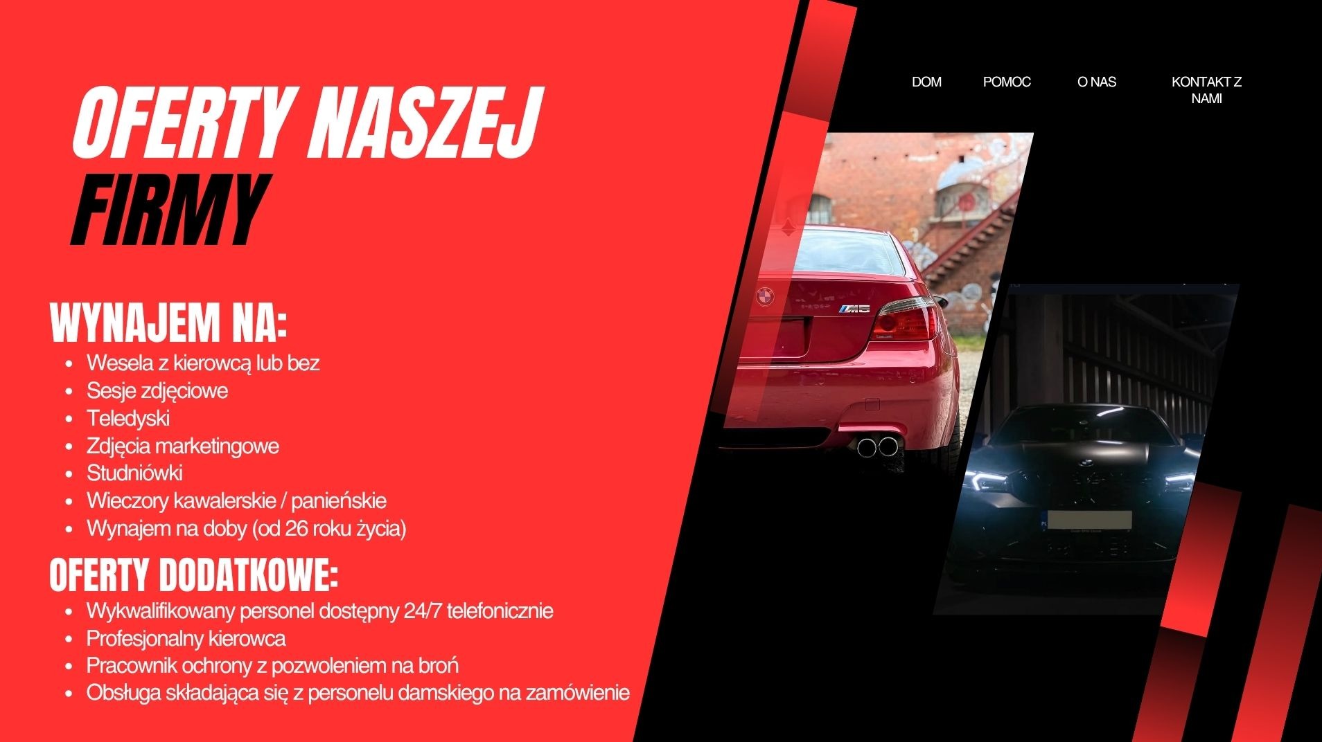 Grafika reklamowa firmy oferującej wynajem aut na wesela, sesje zdjęciowe, teledyski, studniówki i inne okazje. Widoczne dwa samochody: czerwony BMW i czarny, nowoczesny model.