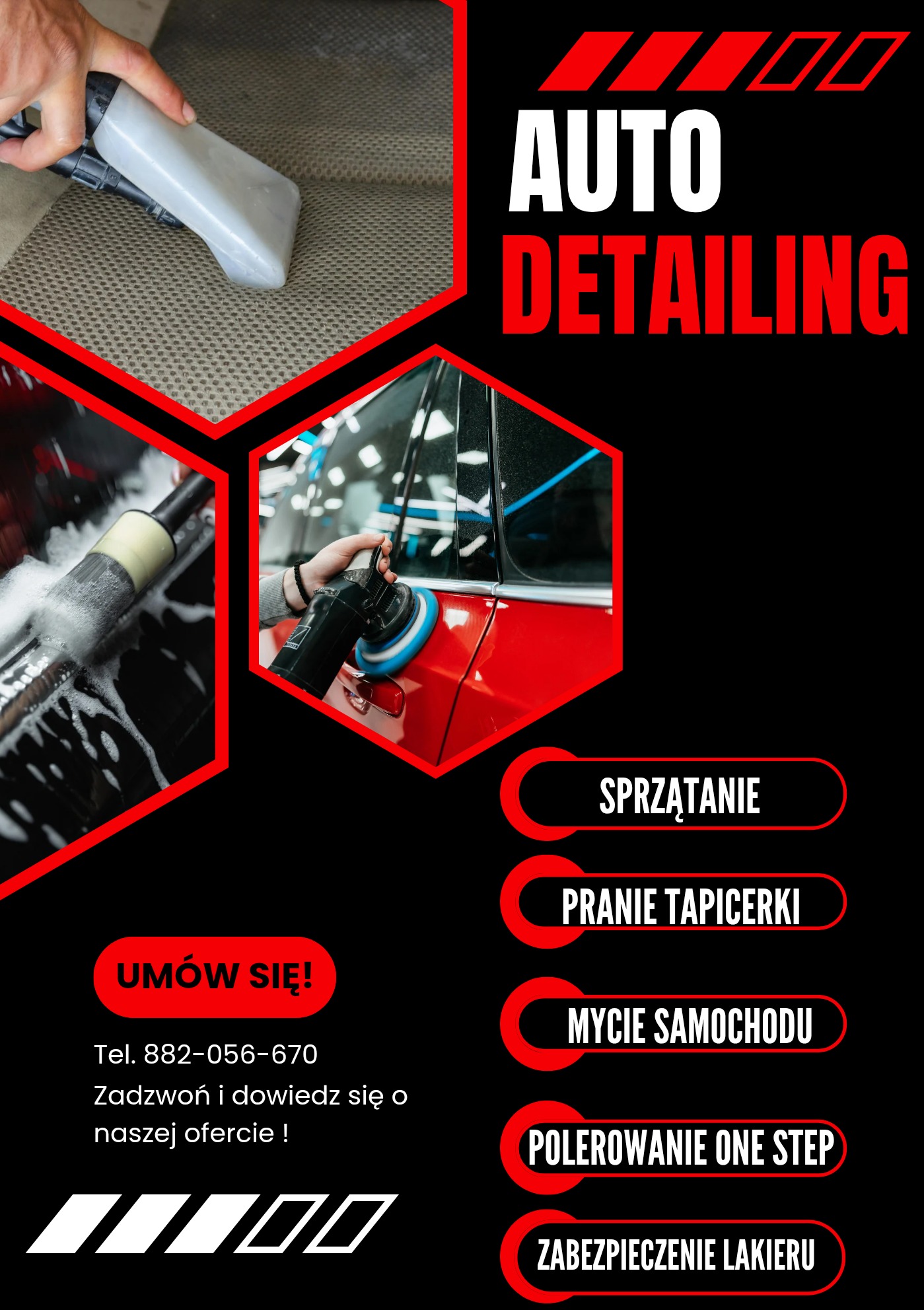 Auto detailing: czyszczenie tapicerki, polerowanie lakieru czerwonego auta. Grafika z hasłami: sprzątanie, pranie tapicerki, mycie samochodu, polerowanie, zabezpieczenie lakieru.