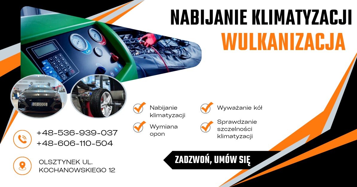 Grafika z ofertą usług wulkanizacyjnych i nabijania klimatyzacji w Mławie. Widoczne maszyny, koło i auto. Zadzwoń, umów się!