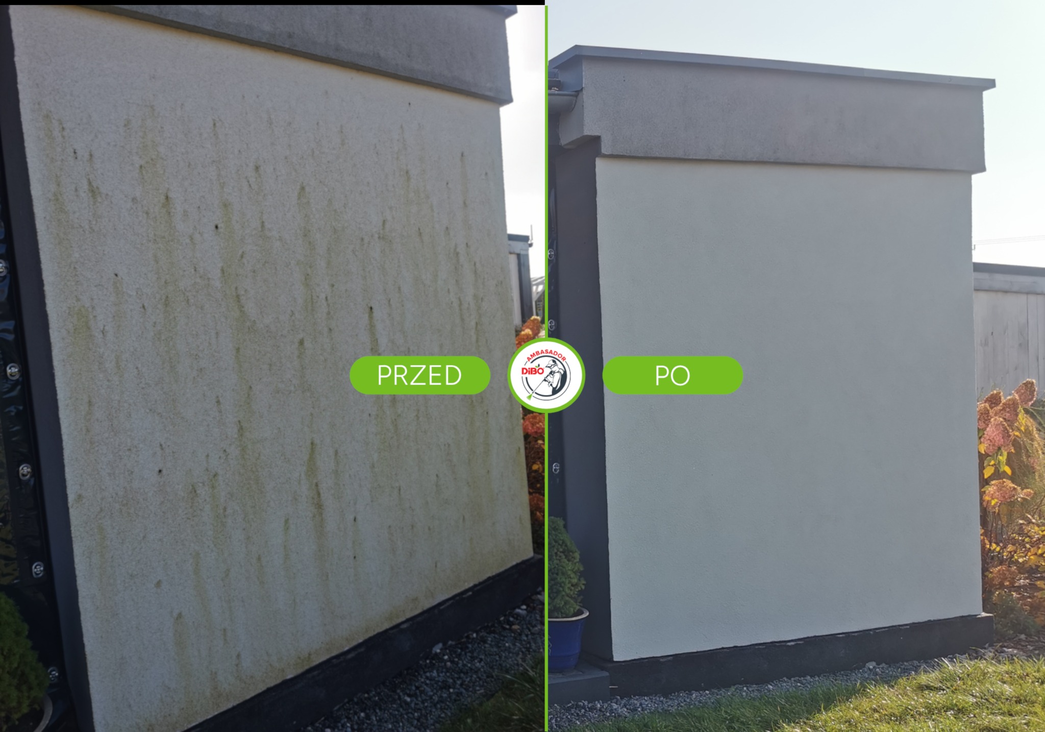Efekt mycia elewacji: porównanie 'przed' z widocznym zabrudzeniem i 'po' z czystą, jasną ścianą. Prezentacja skuteczności usługi czyszczenia.
