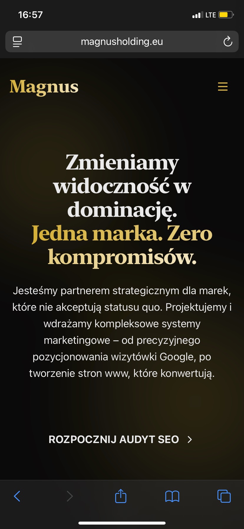 Ekran smartfona z otwartą stroną internetową magnusholding.eu, prezentującą hasło „Zmieniamy widoczność w dominację” i ofertę audytu SEO.