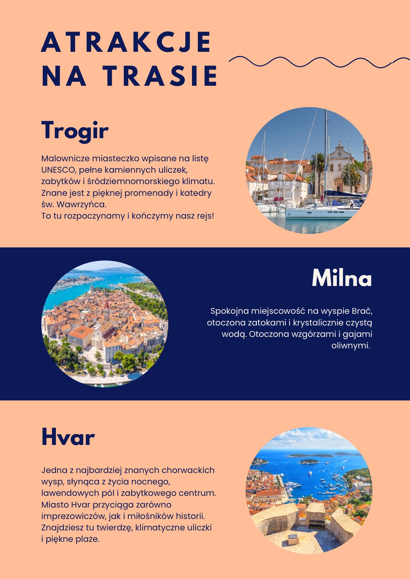 Grafika z atrakcjami turystycznymi: Trogir z mariną, Milna z zatoką, Hvar z widokiem na miasto i morze. Informacje o zabytkach i klimacie.