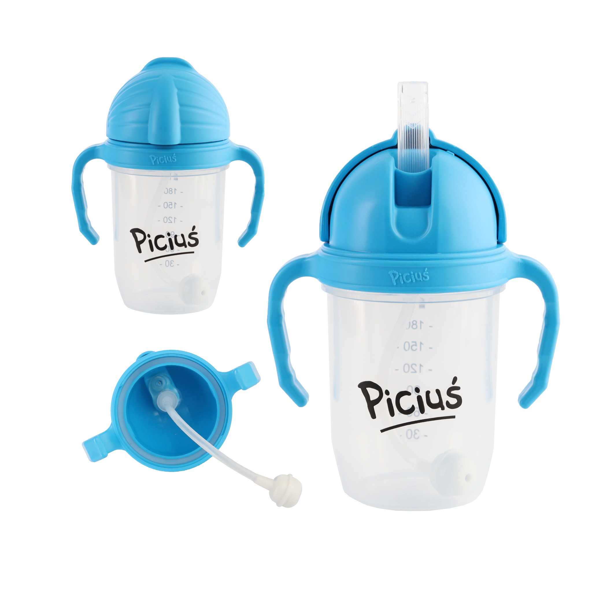 Trzy ujęcia niebieskiego kubka ze słomką marki Piciuś na białym tle. Kubek z uchwytami, widoczne oznaczenia pojemności. Prezentacja produktu.