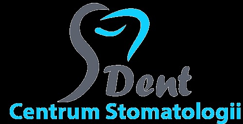 Logo SDent Centrum Stomatologii: stylizowany ząb, nowoczesna czcionka w odcieniach szarości i błękitu na czarnym tle. Minimalistyczny design.