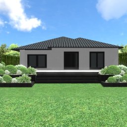 Przedsiębiorstwo Usługowowe Anna Wolańczuk - Wizualizacja ogrodu z nowoczesnym domem. Geometryczne rabaty z zielenią, trawnik i tuje tworzą spójną całość. Błękitne niebo z chmurami w tle dopełnia projekt.