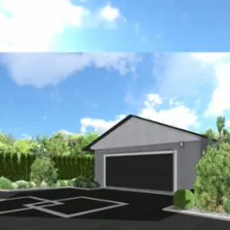 Wizualizacja zagospodarowania terenu z garażem i geometrycznym podjazdem, obramowanym niską zielenią i wysokimi tujami pod błękitnym niebem.