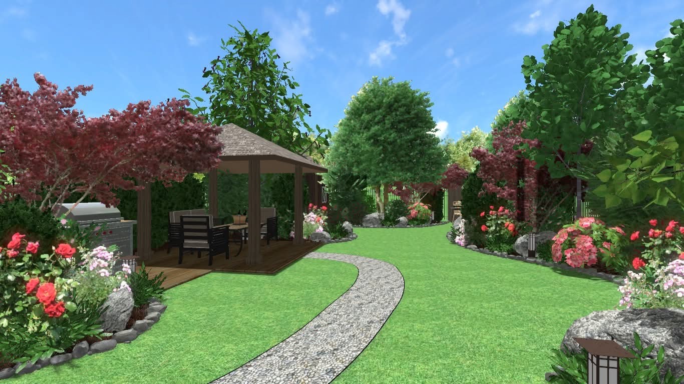 Projekt ogrodu z altaną, grillem i ścieżką z kamienia. Bujna roślinność, drzewa i kwiaty tworzą harmonijną przestrzeń. Widok na zadbany trawnik.