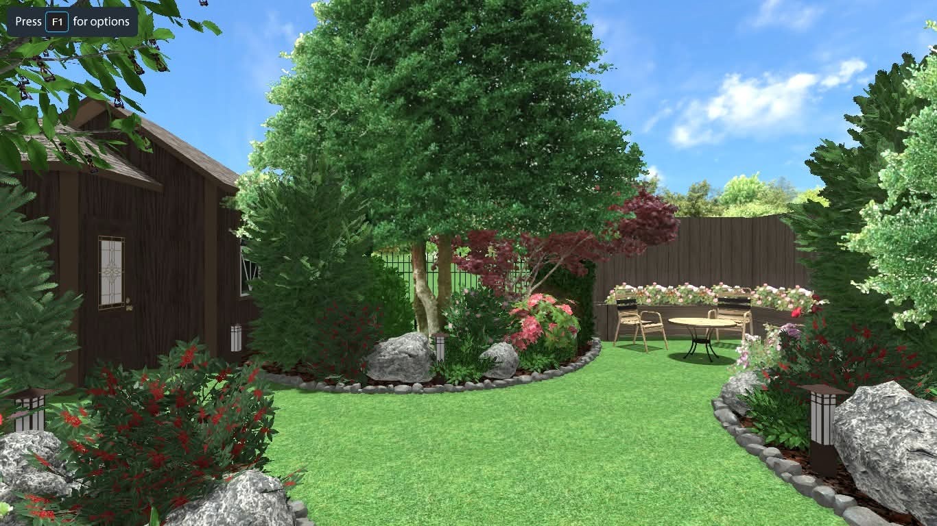 Wizualizacja ogrodu z trawnikiem, drzewami, krzewami i kwiatami. W tle drewniany płot i budynek. Ustawione stolik i krzesła. Oświetlenie ogrodowe wzdłuż ścieżki.