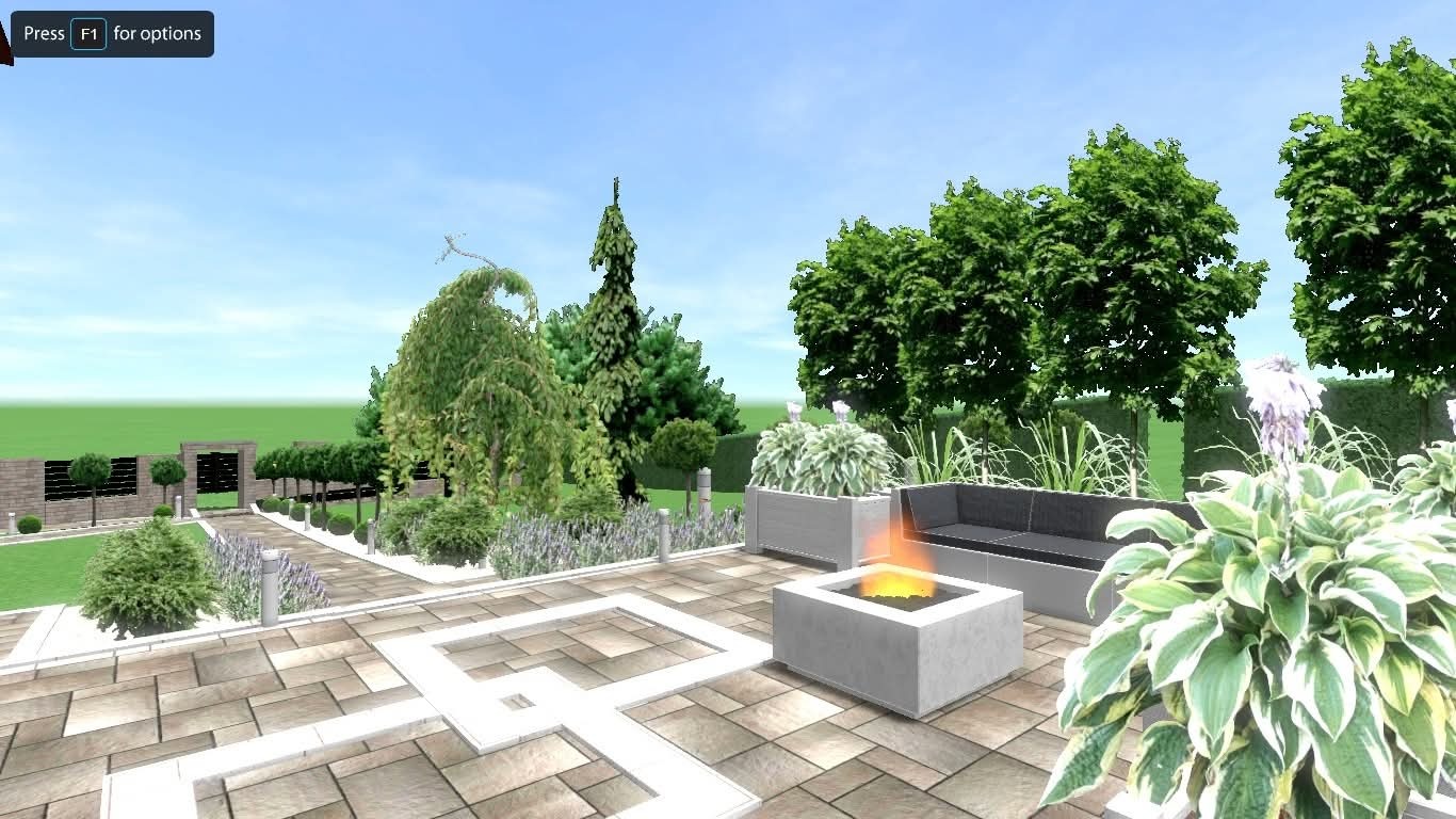 Wizualizacja ogrodu z paleniskiem, szarą sofą i różnorodną roślinnością. Na pierwszym planie hosty, w tle drzewa i krzewy, a w oddali mur z zielenią.