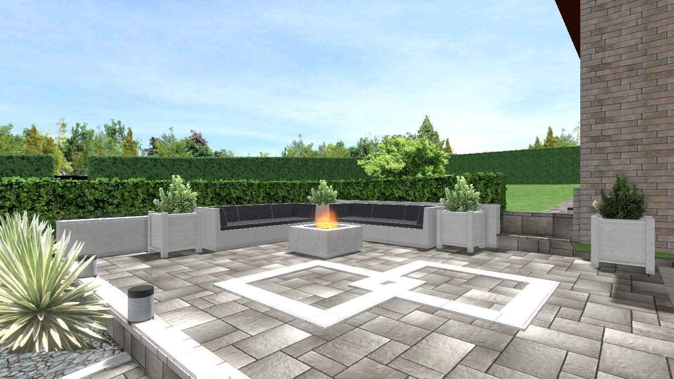 Nowoczesny taras z paleniskiem, szarą sofą modułową, roślinami w donicach i geometrycznym wzorem na posadzce z kostki. Projekt przestrzeni relaksu na zewnątrz.