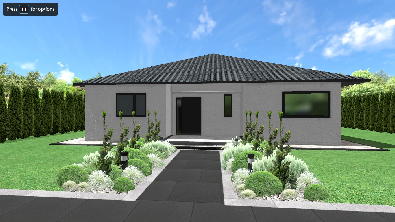 Wizualizacja domu jednorodzinnego z nowoczesnym ogrodem: szara elewacja, czarny dach, ścieżka z płyt, rabaty z roślinami i lampami. Błękitne niebo w tle.