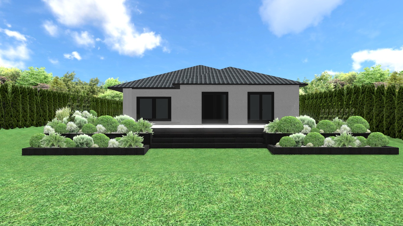 Wizualizacja ogrodu z nowoczesnym domem. Geometryczne rabaty z zielenią, trawnik i tuje tworzą spójną całość. Błękitne niebo z chmurami w tle dopełnia projekt.